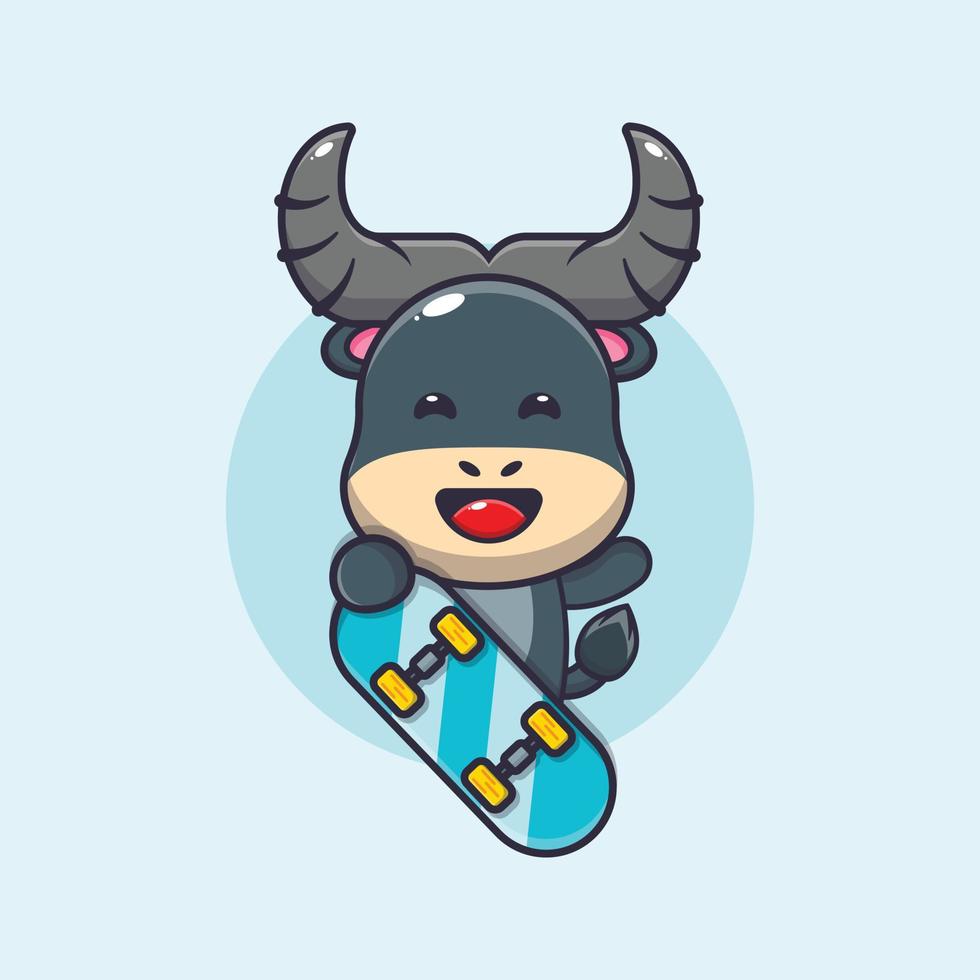 cute buffalo mascot cartoon character with skateboard vector