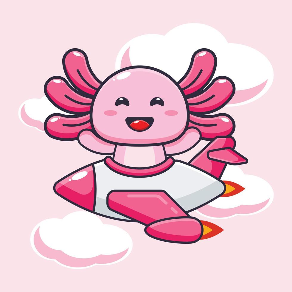 lindo axolotl mascota personaje de dibujos animados paseo en avión jet vector