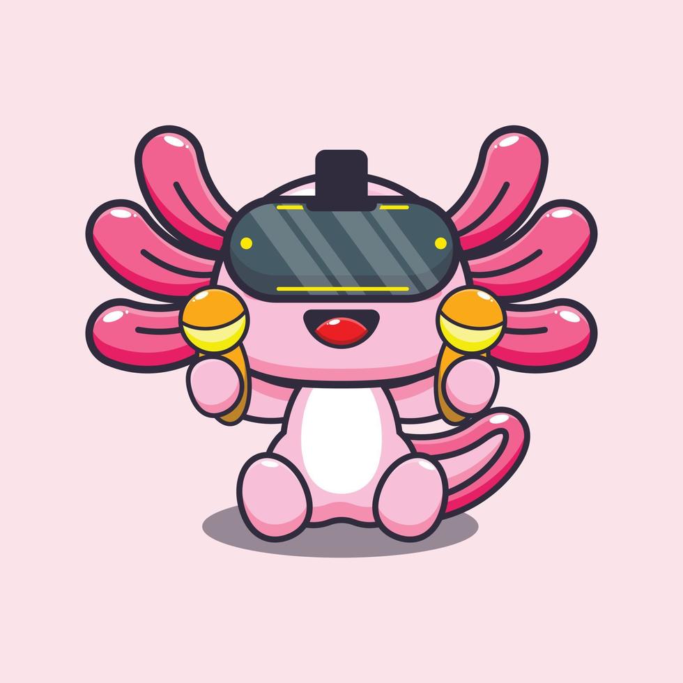 linda ilustración de mascota de dibujos animados axolotl jugando realidad virtual. vector