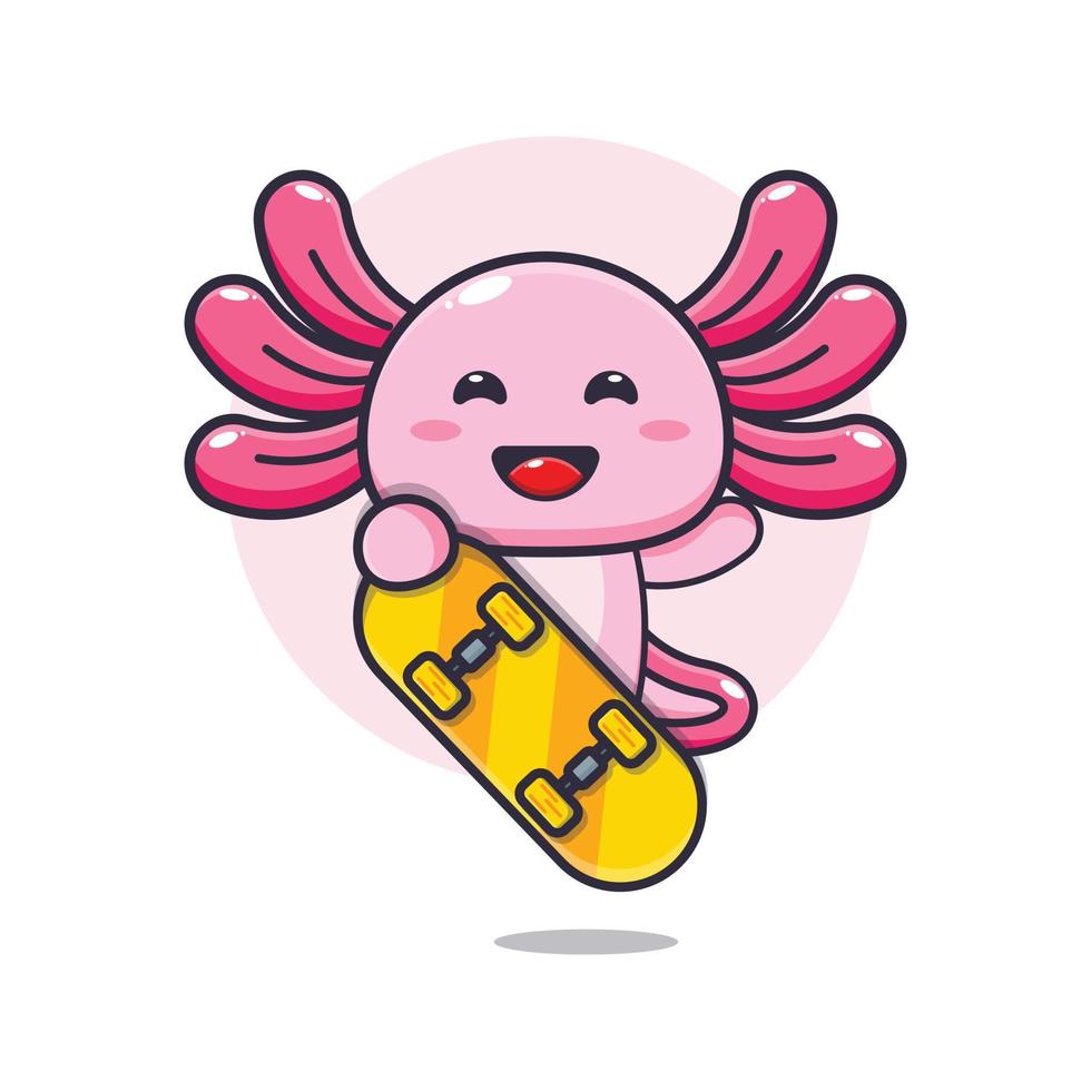 cute axolotl mascot cartoon character with skateboard vector