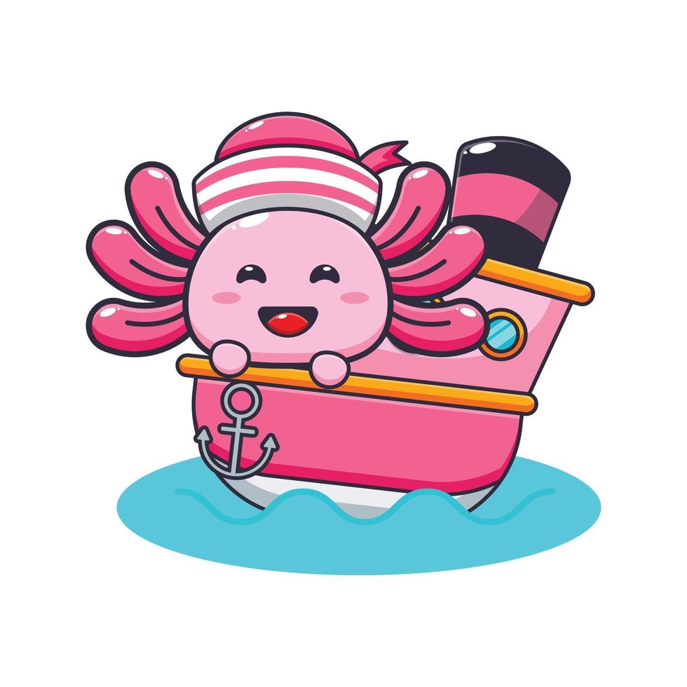 lindo personaje de dibujos animados de mascota axolotl en el barco vector