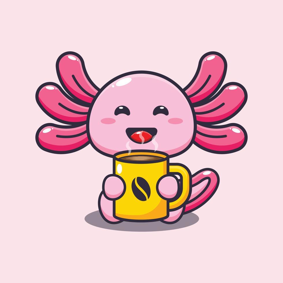 Cute axolotl cartoon mascot illustration with hot coffee vector