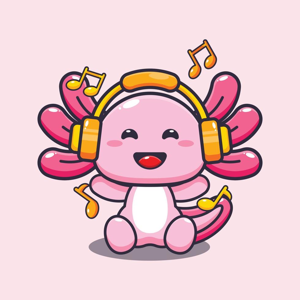 Cute axolotl cartoon mascot illustration listening music with headphone vector