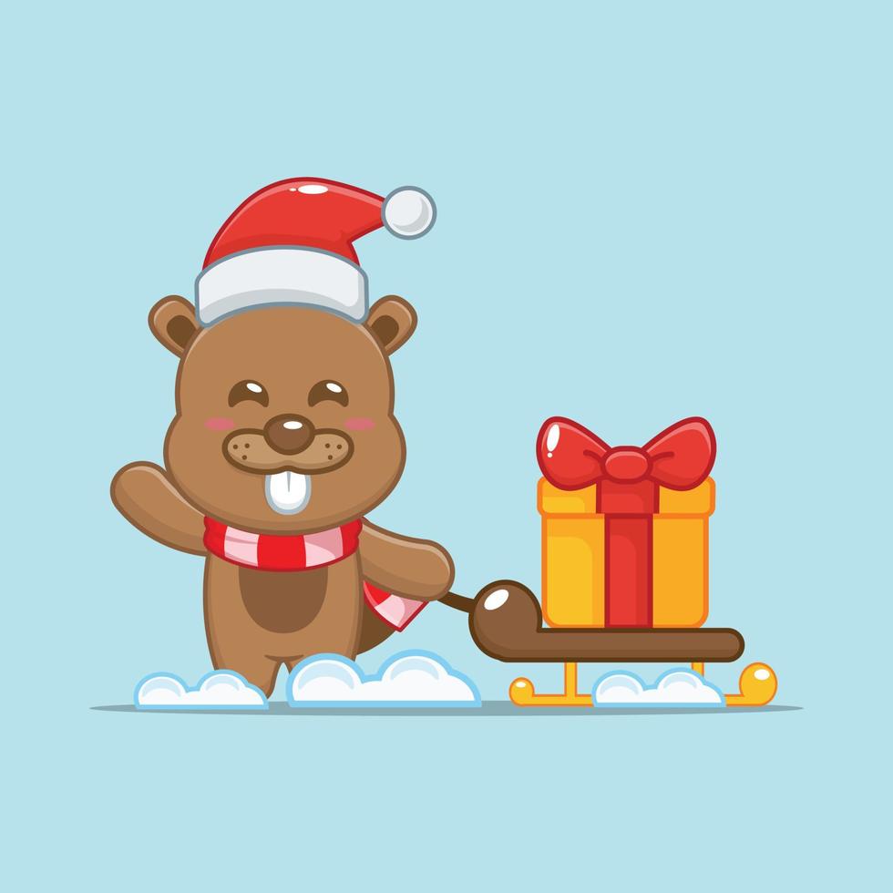 Cute beaver carrying christmas gift box. Cute christmas cartoon illustration. vector