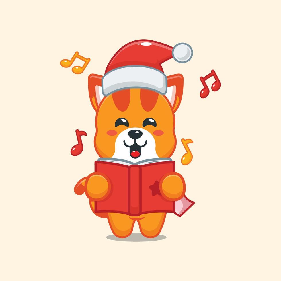lindo gato canta una canción de navidad. linda ilustración de dibujos animados de navidad. vector