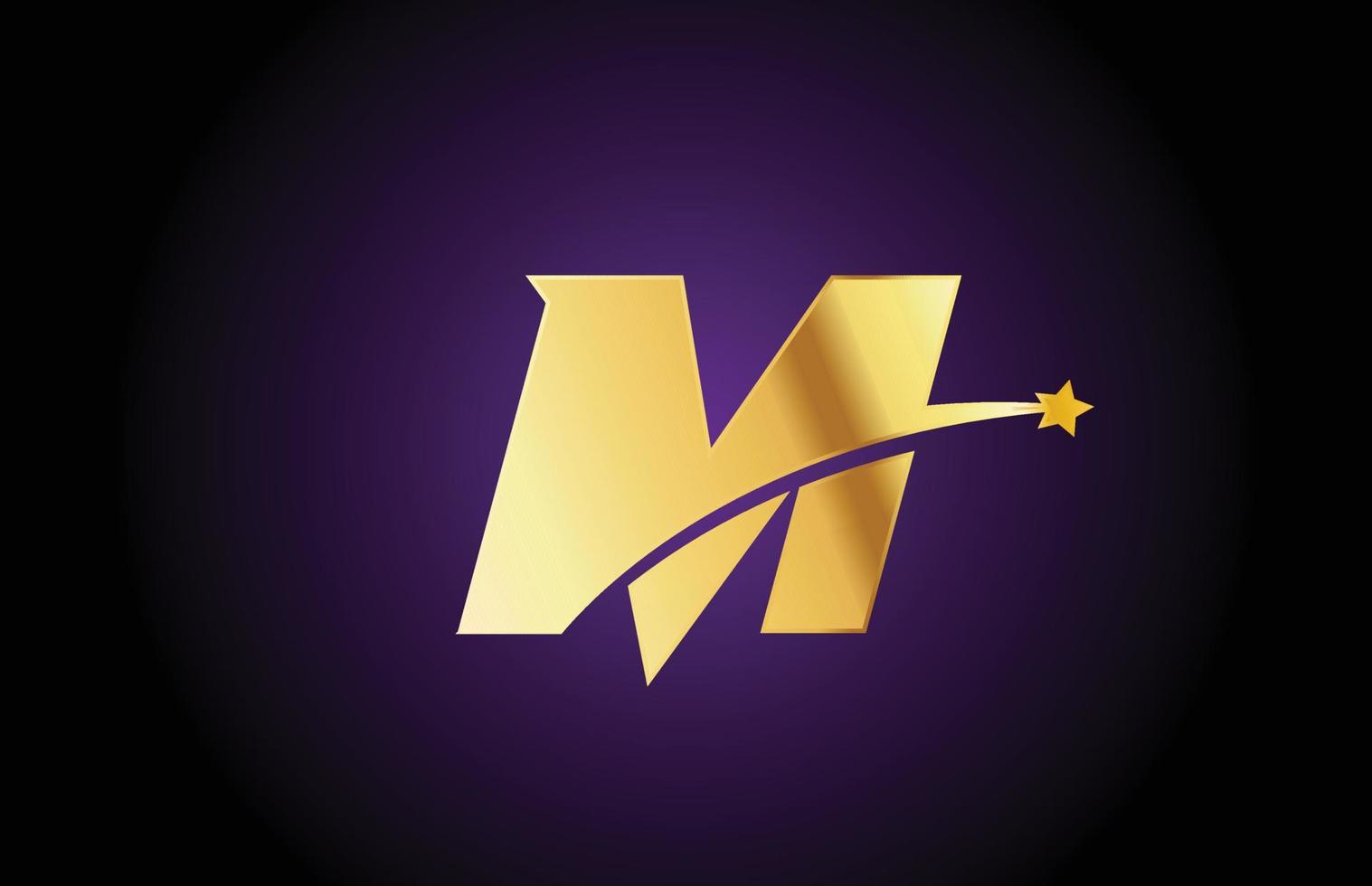 gold golden M alphabet letter logo icon with star. Creative design for business or company with swoosh vector