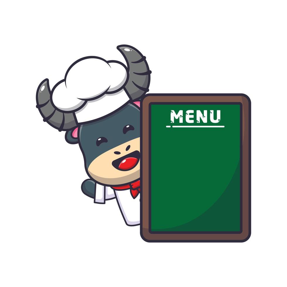 lindo personaje de dibujos animados de mascota de chef de búfalo con tablero de menú vector