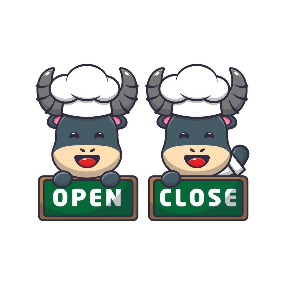 cute buffalo chef mascot cartoon character with open and close board vector