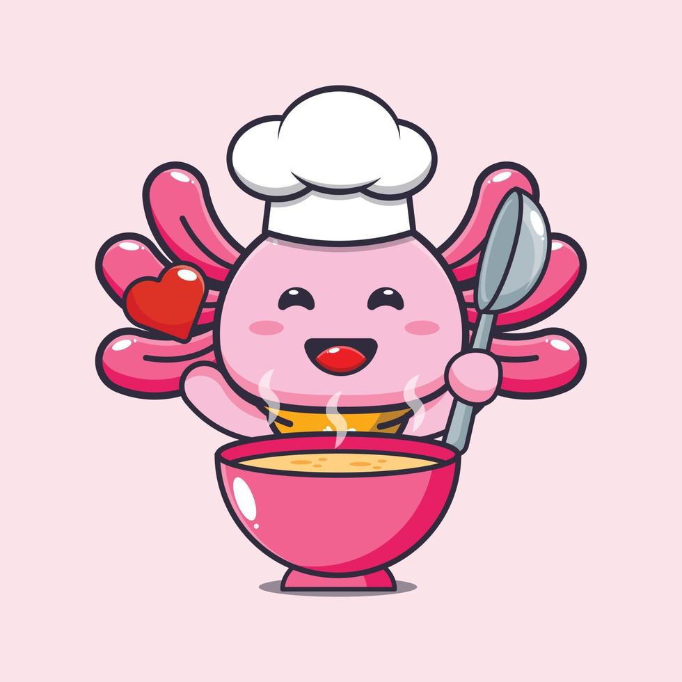 lindo personaje de dibujos animados de la mascota del chef axolotl con sopa vector