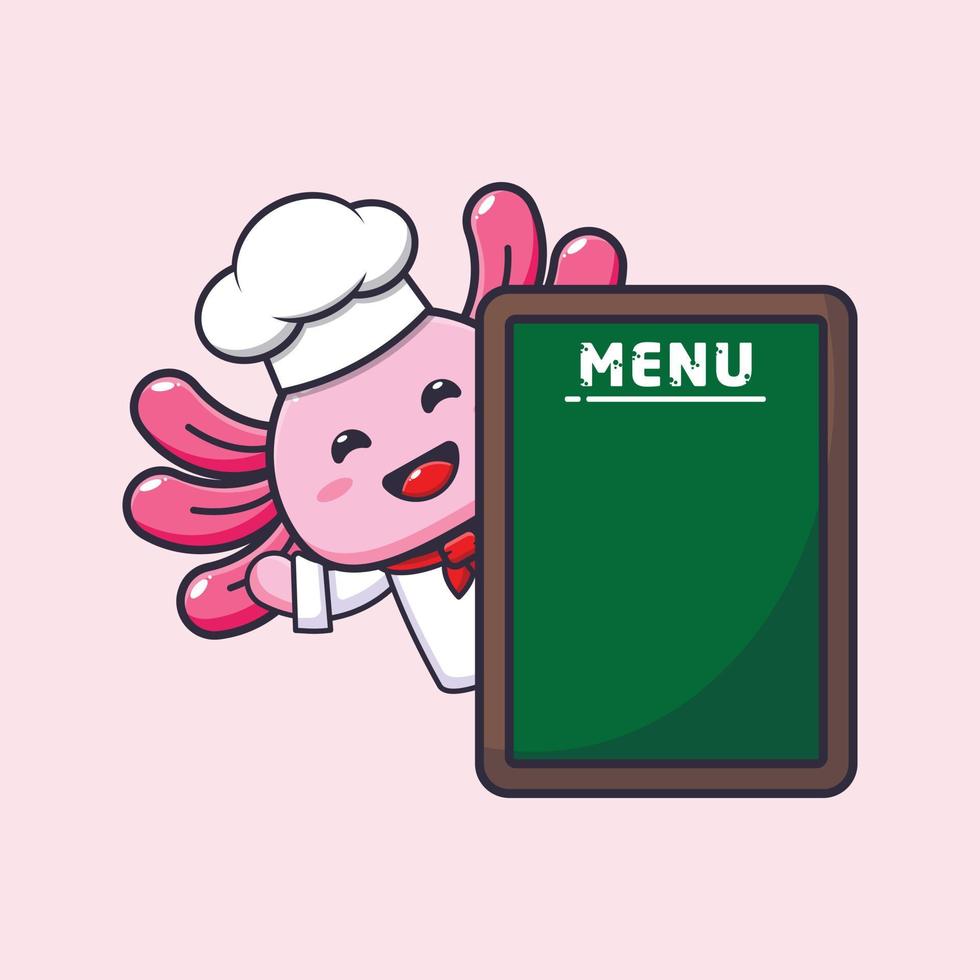 lindo personaje de dibujos animados de la mascota del chef axolotl con tablero de menú vector