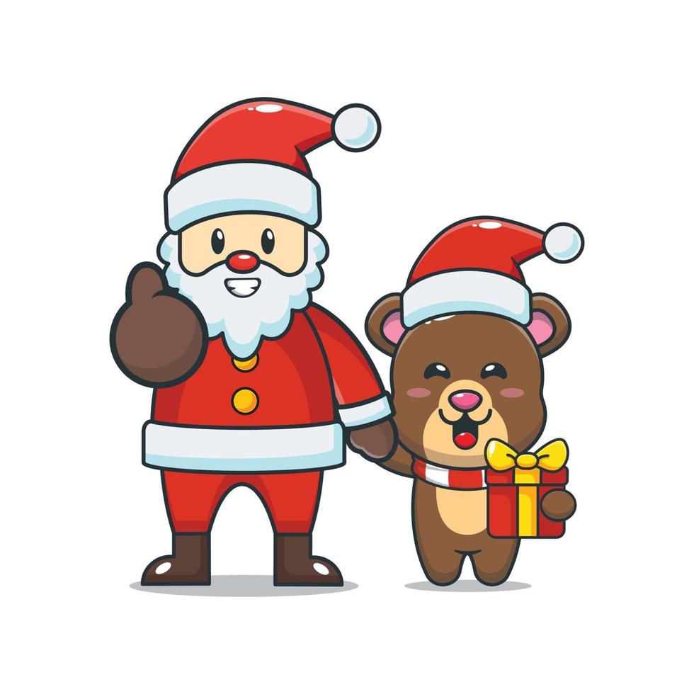 lindo oso con santa claus. linda ilustración de dibujos animados de navidad. vector