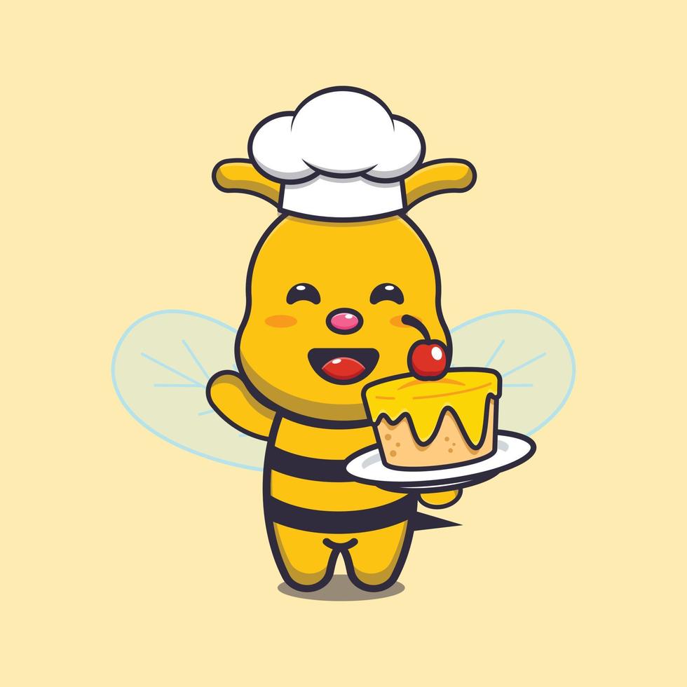 Cute bee chef mascota personaje de dibujos animados con pastel vector