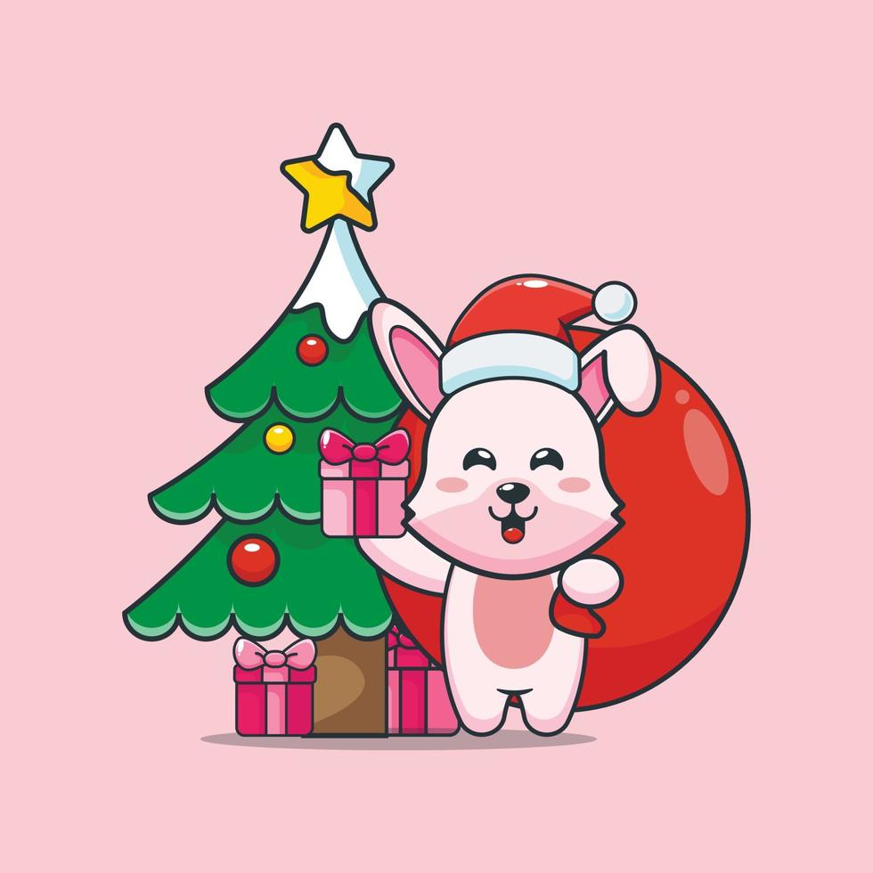 Cute santa bunny carrying christmas gift. Cute christmas cartoon illustration. vector