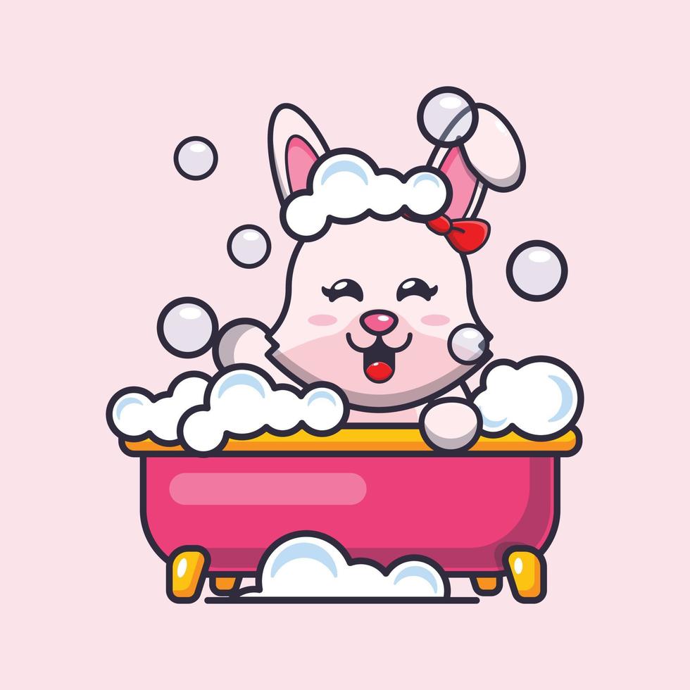 Cute bunny cartoon mascot illustration taking bubble bath in bathtub. vector