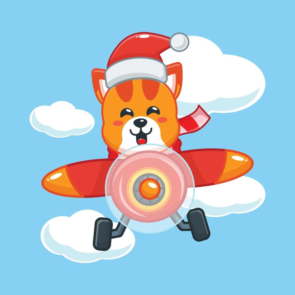 Cute cat wearing santa hat fly with plane. Cute christmas cartoon illustration. vector