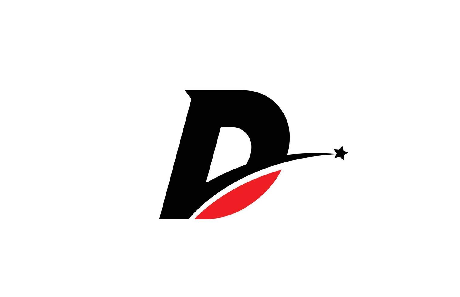 Diseño de icono de logotipo de letra del alfabeto negro rojo d con swoosh y estrella. plantilla creativa para negocios y empresas. vector