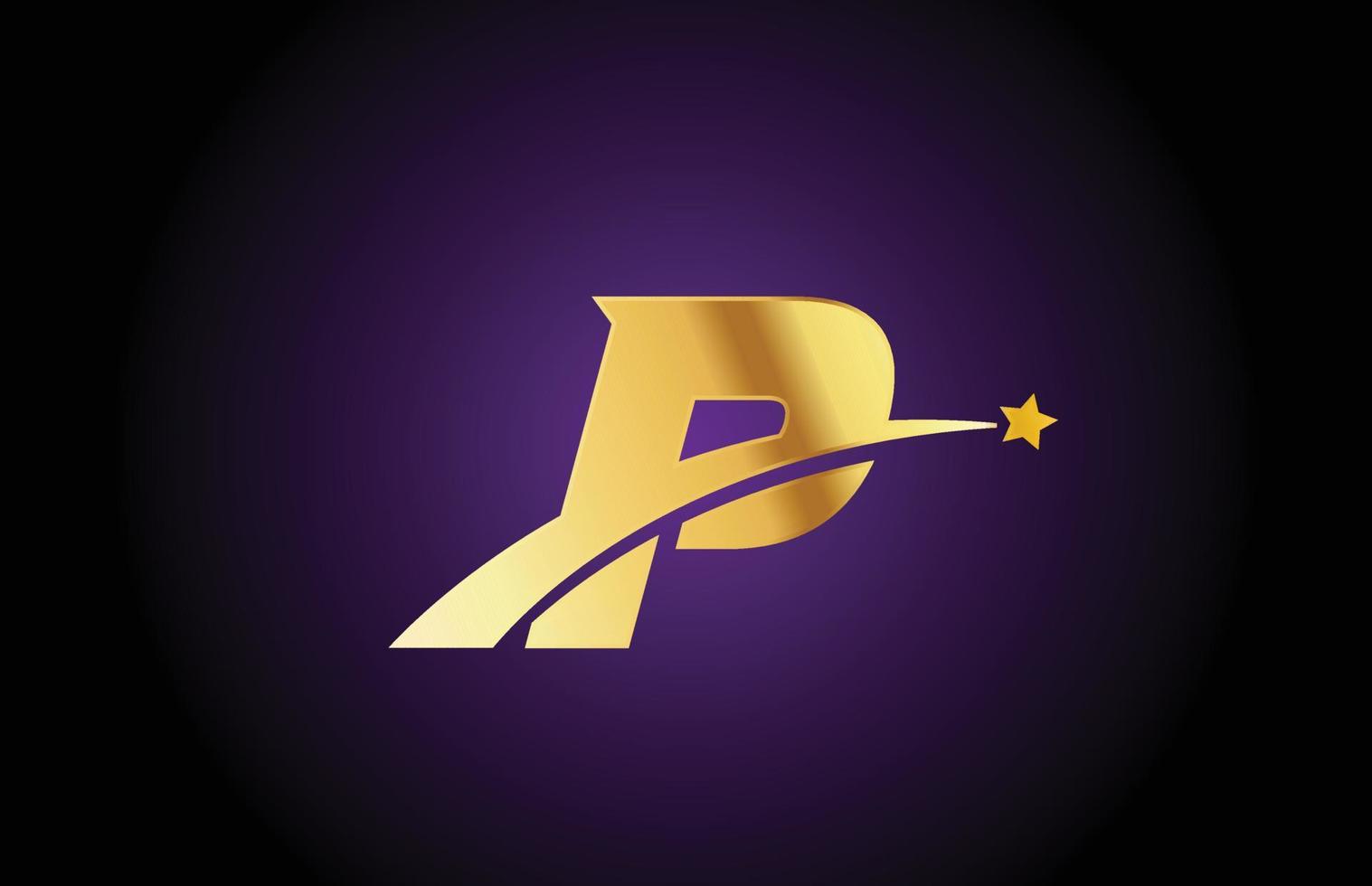 gold golden P alphabet letter logo icon with star. Creative design for business or company with swoosh vector