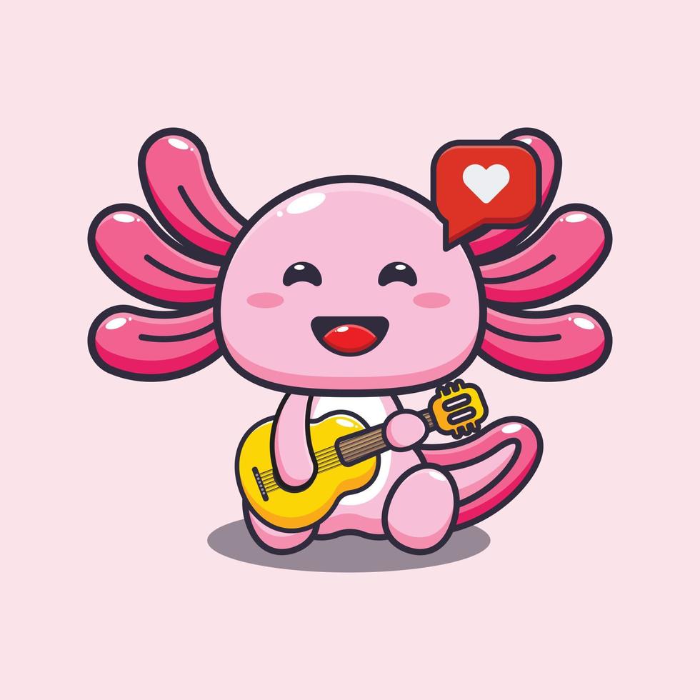 Cute axolotl cartoon mascot illustration playing guitar vector