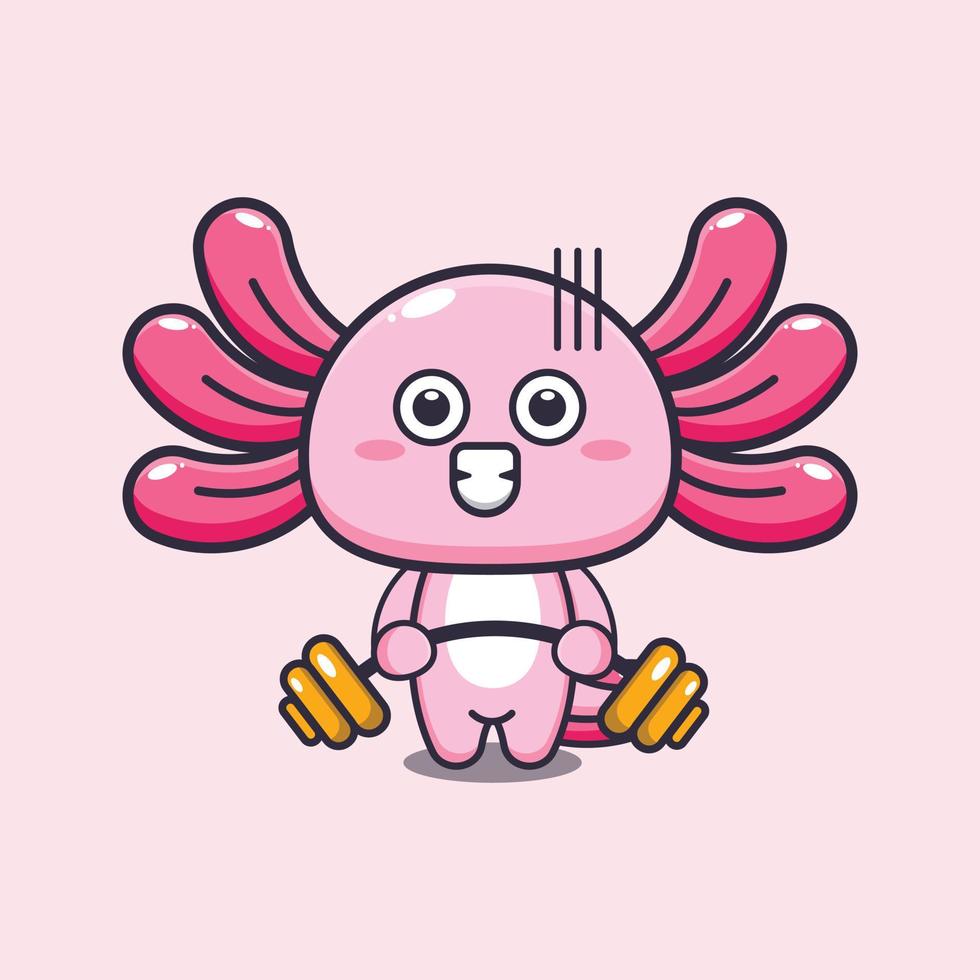 Cute axolotl cartoon mascot illustration lifting barbell vector