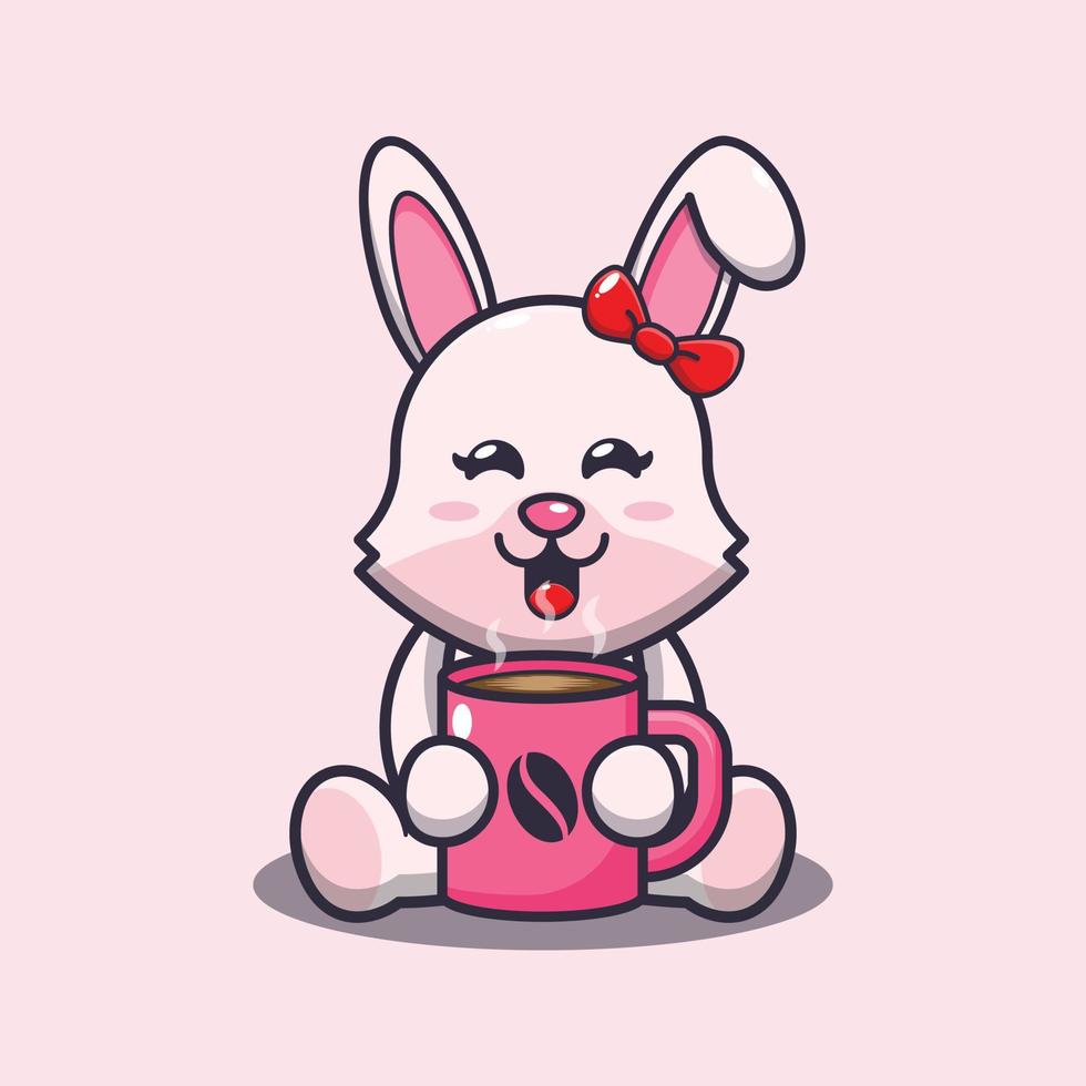 Cute bunny cartoon mascot illustration with hot coffee vector