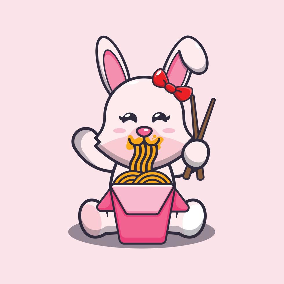 ilustración de mascota de dibujos animados lindo conejito comiendo fideos vector