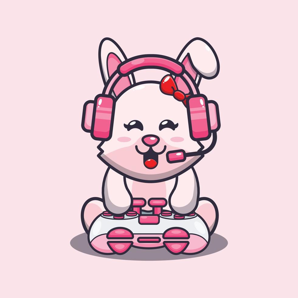 Cute bunny cartoon mascot illustration playing game vector