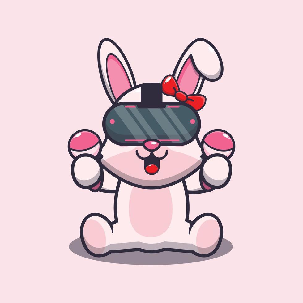 Cute bunny cartoon mascot illustration playing virtual reality. vector