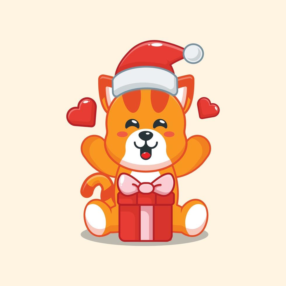 Cute cat happy with christmas gift. Cute christmas cartoon illustration. vector