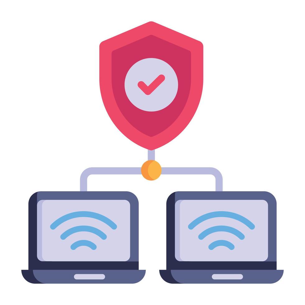 portátiles conectados con escudo, icono plano de la red vpn vector