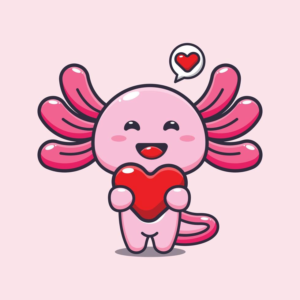 linda ilustración de personaje de dibujos animados de mascota axolotl en el día de san valentín vector