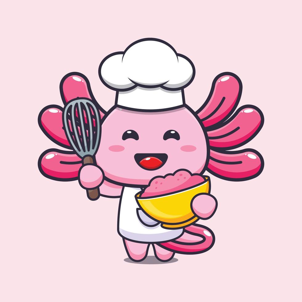 cute axolotl chef mascot cartoon character with cake dough vector