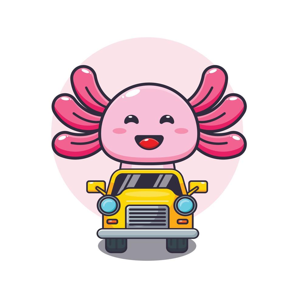 lindo axolotl mascota personaje de dibujos animados paseo en coche vector