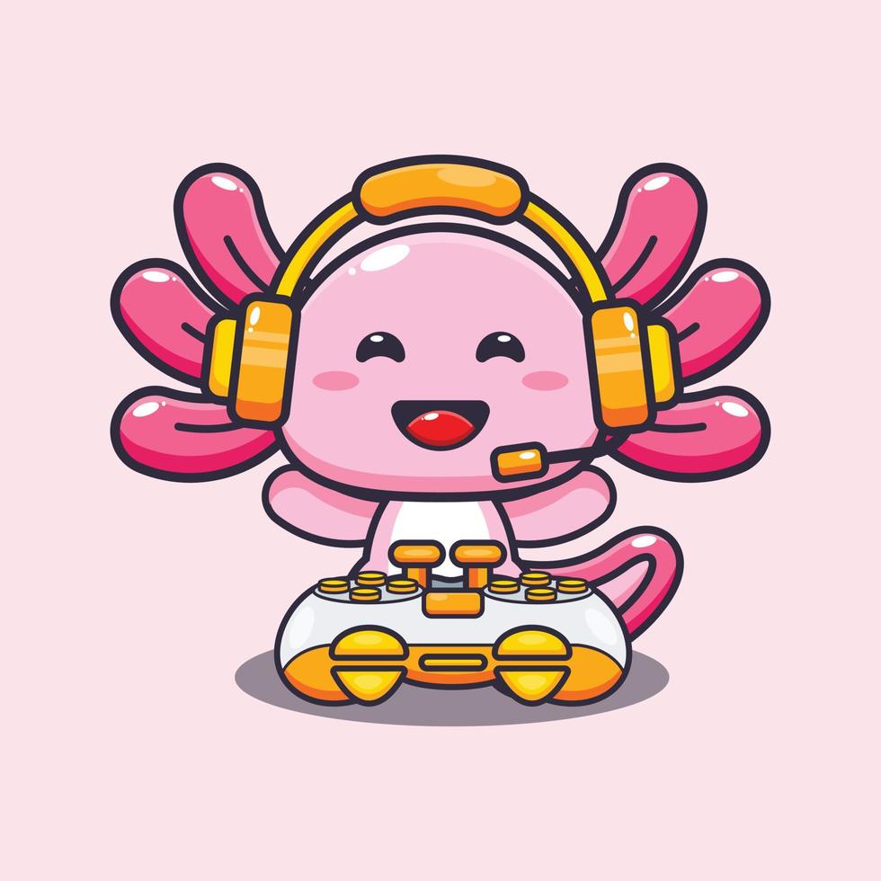 Cute axolotl cartoon mascot illustration playing game vector