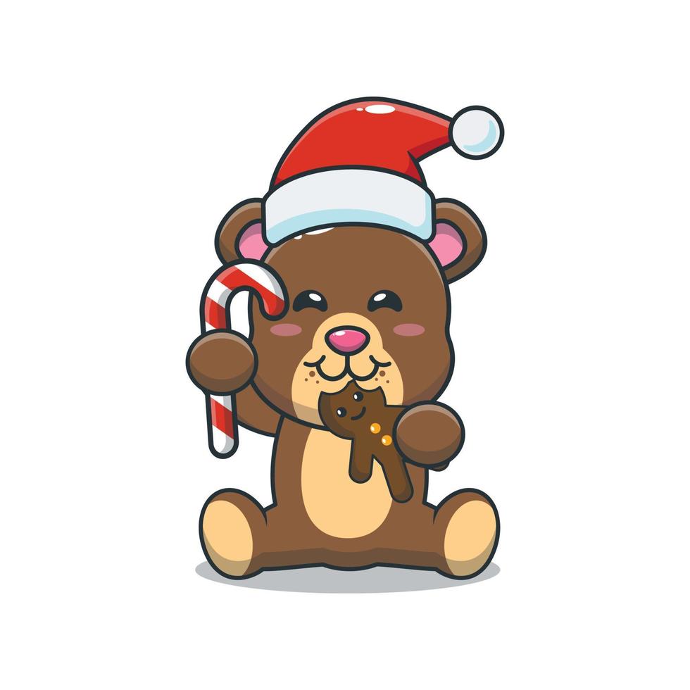 Cute bear eating christmas cookies and candy. Cute christmas cartoon illustration. vector