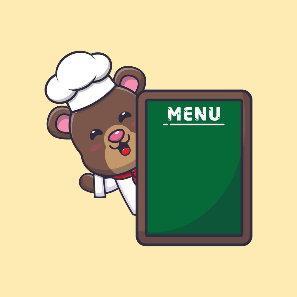 lindo oso chef mascota personaje de dibujos animados con tablero de menú vector