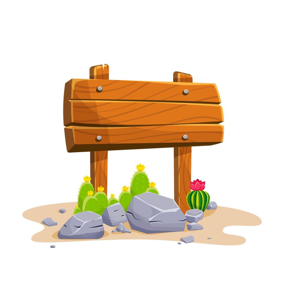 Wooden signpost with stones and cacti with empty space for text. Set of a cartoon of wooden signs of various forms standing on the rocks in a desertv. Vector illustration.