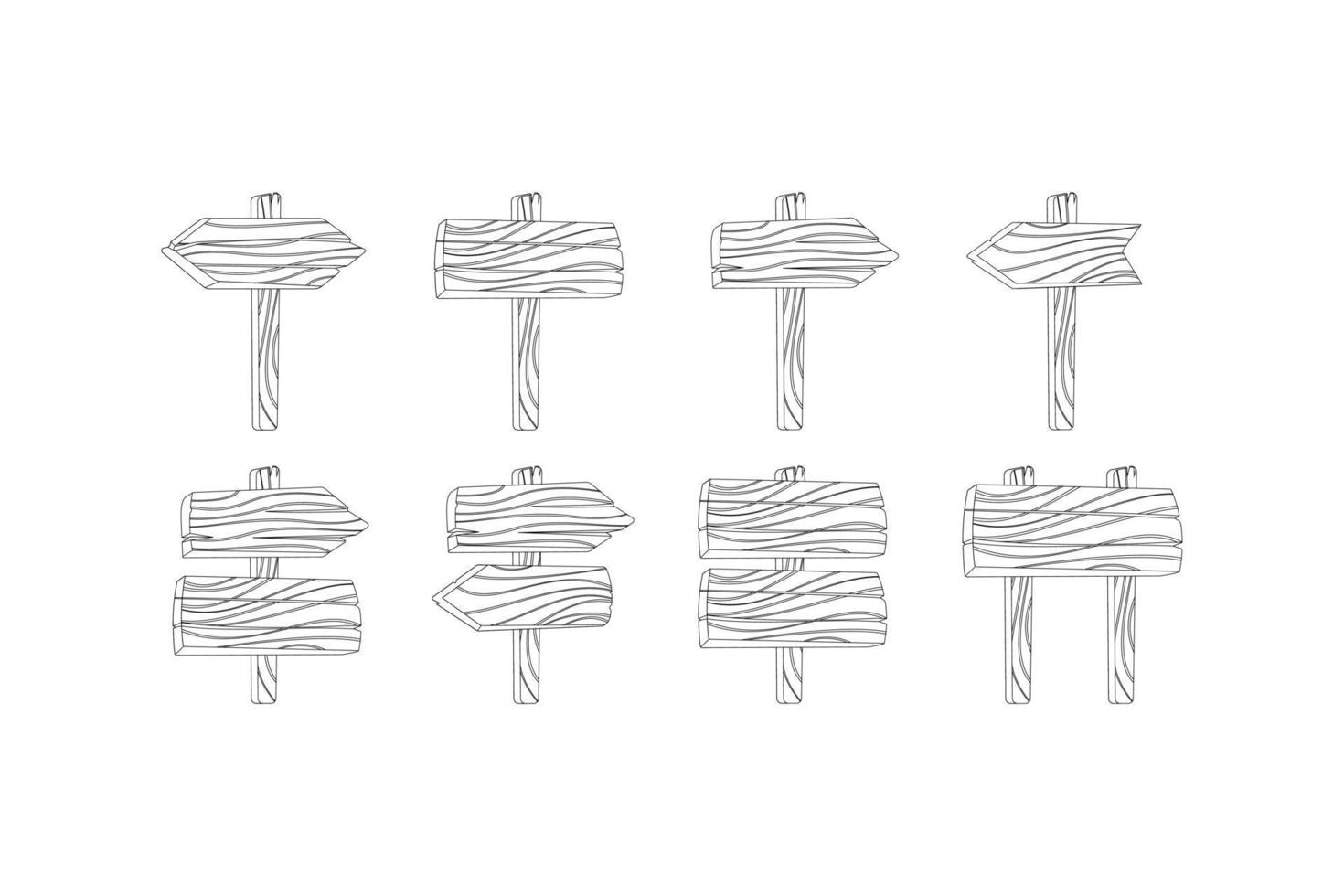 vector de conjunto de cartelera vacía de línea negra de madera. dibujo de línea continua del letrero de dirección de madera en el poste. boceto vectorial de la antigua guía con tablero en forma de flecha en un contorno negro