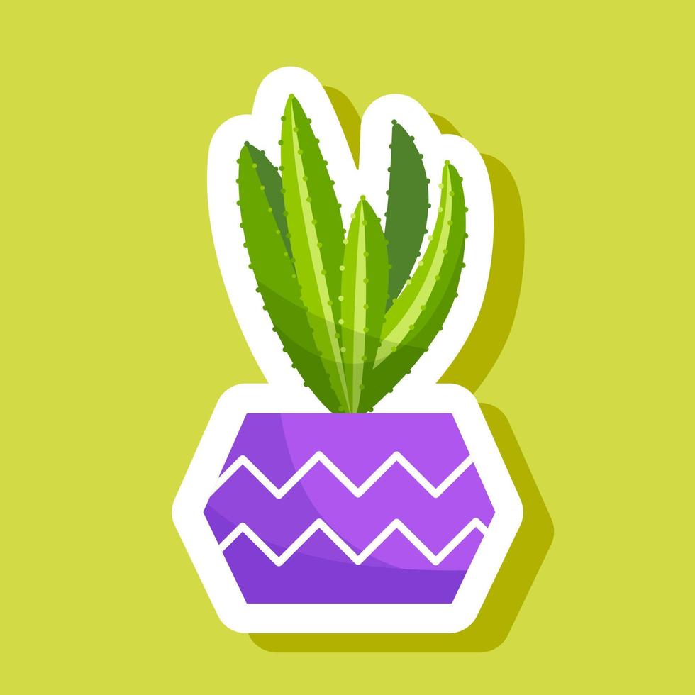 Sticker Cacti and succulent plants in flower pots. Vector sticker set of cute green cacti and succulents in pots. Collection of houseplants in pots. Isolated on white background.