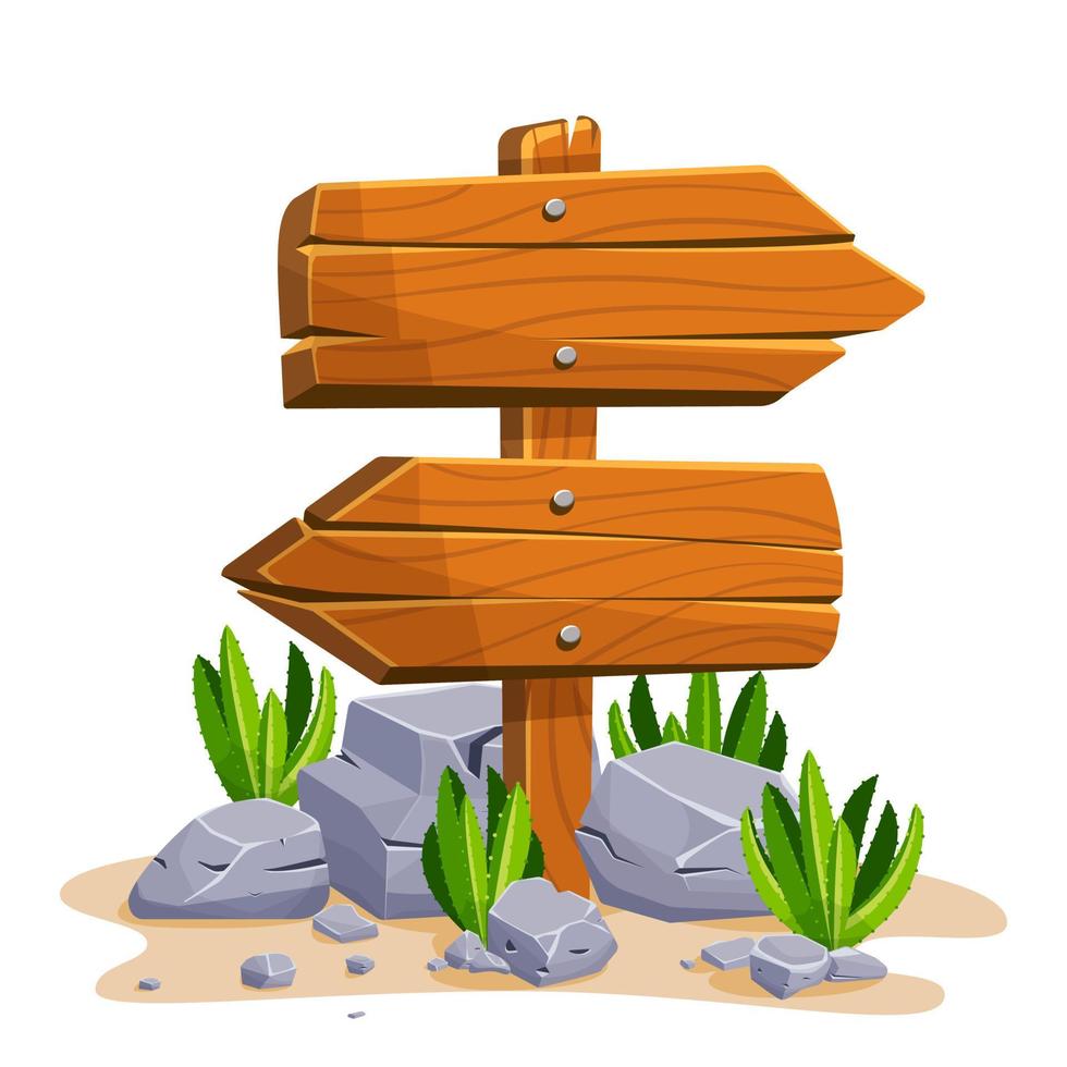 cartel de madera con piedras y cactus con espacio vacío para texto. conjunto de una caricatura de letreros de madera de varias formas de pie sobre las rocas en un desierto. ilustración vectorial vector