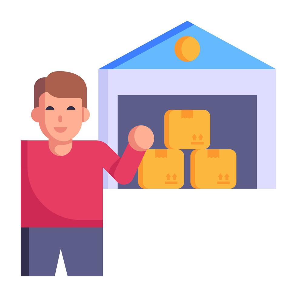 Exterior of a commercial warehouse with delivery packages, flat icon vector