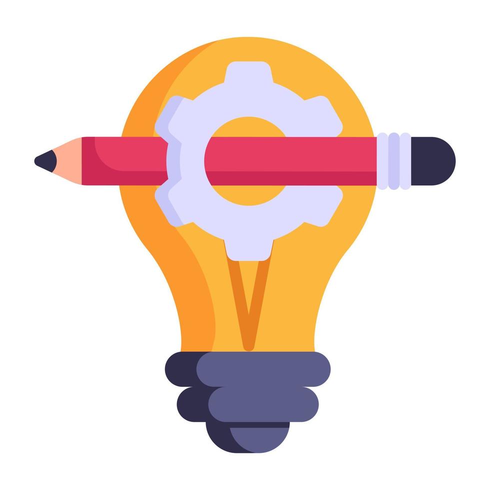 Light bulb, pencil and cogwheel, concept of creative process flat icon vector