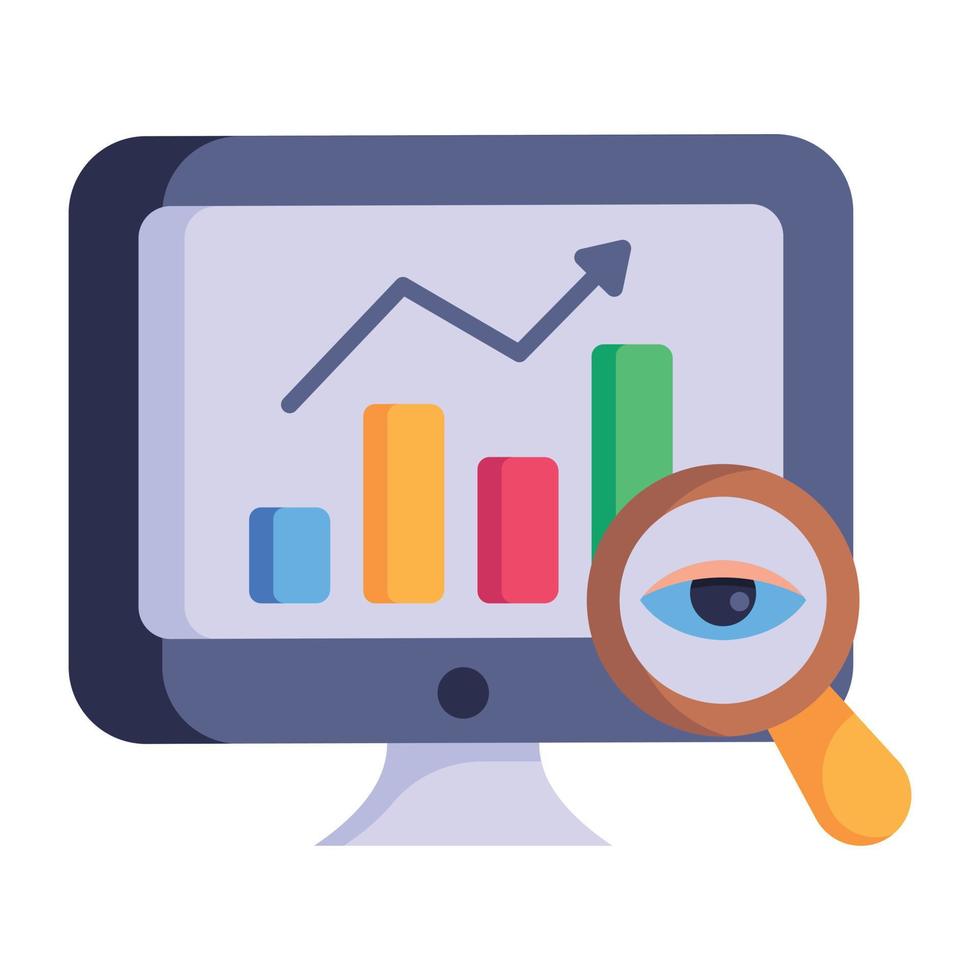 Bar chart with magnifier, flat icon of data monitoring vector