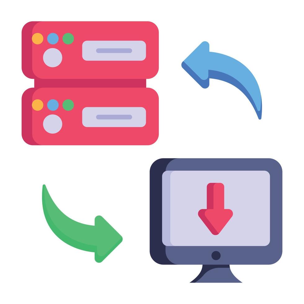 base de datos y computadora con flechas, concepto de icono plano del cliente del servidor vector