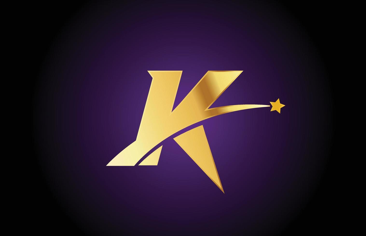 gold golden K alphabet letter logo icon with star. Creative design for business or company with swoosh vector