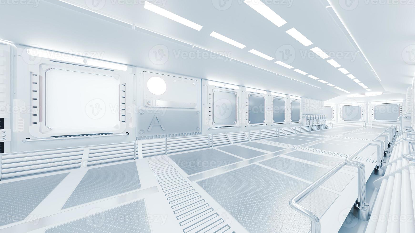 corredor en estación espacial o en laboratorio decorado con color gris. fondo futurista y tecnológico, render 3d. foto