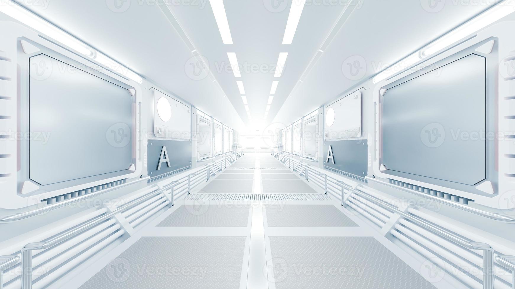 Corridor in space station or in laboratory and bright light from front. futuristic and technology background, 3D Render. photo