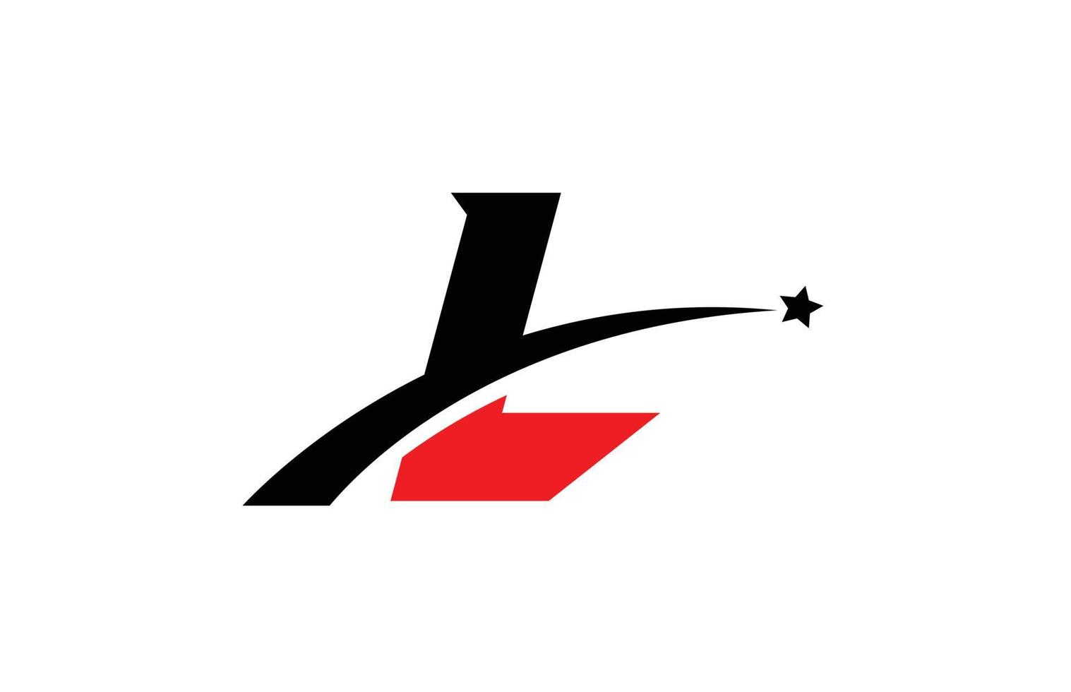 Diseño de icono de logotipo de letra del alfabeto negro rojo l con swoosh y estrella. plantilla creativa para negocios y empresas. vector