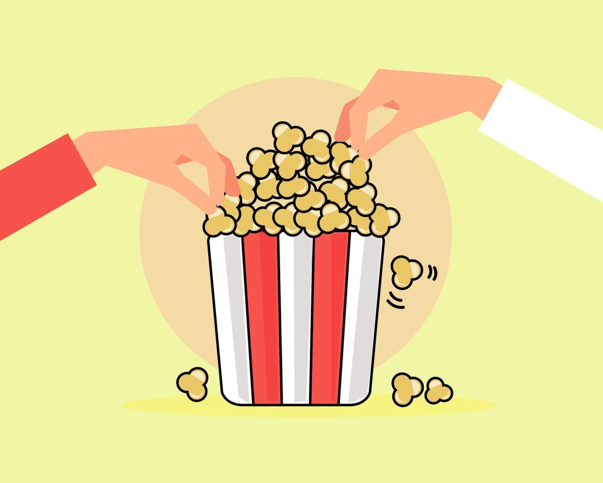 Hands picking bunket of popcorn. Cartoon vector style for your design