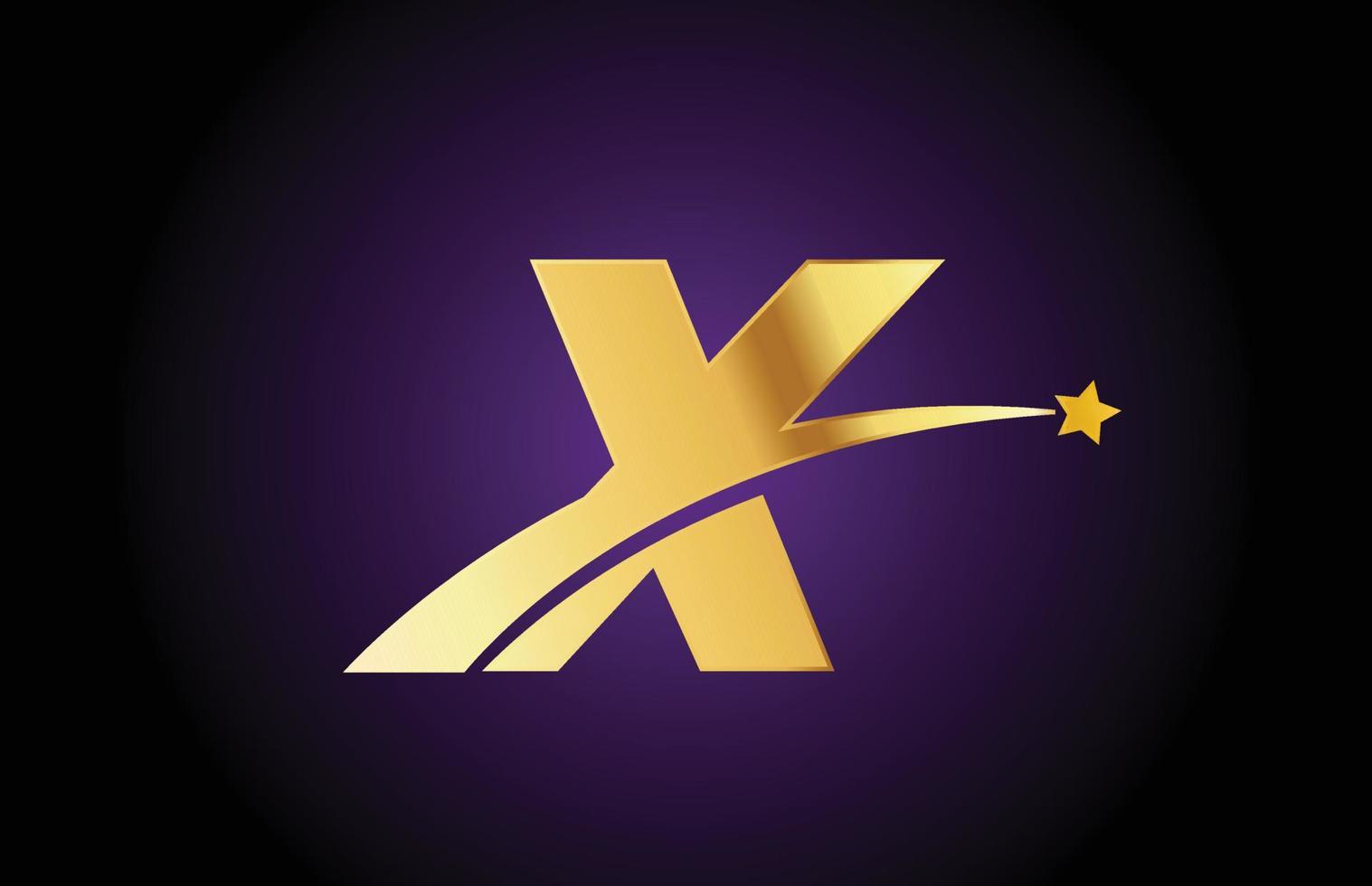 gold golden X alphabet letter logo icon with star. Creative design for business or company with swoosh vector