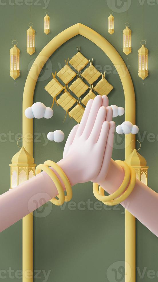 Eid Mubarak Social Media Story Template With Hand Gesture 3D Render Illustration photo